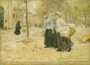 Deux blanchisseuses traversant un petit parc à Paris, vers 1890