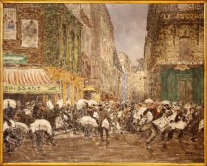 La sortie des journaux du soir, rue du Croissant en 1914, Peinture de Jean Louis (Jean-Louis) Lefort (1875-1954), montrant les activités de la presse traditionnellement implantée dans une grande partie du 2e arrondissement de la ville de Paris, Au café du  - Jean Louis Lefort