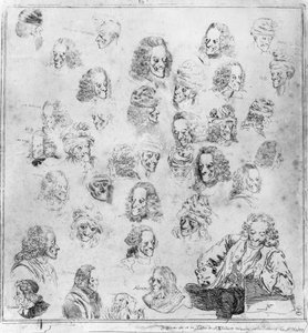 Différentes expressions en 30 têtes de Voltaire. Portraits de François Marie Arouet, dit Voltaire (1694-1778) « différentes physionomies de Voltaire ». Eau-forte attribuée à Dominique Vivant-Denon (Vivant Denon) (1747-1825) d