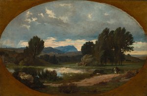 Paysage avec cavalier sur cheval blanc