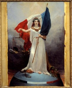 Figure symbolique de la République. Allégorie représentant la république comme une femme portant une couronne de laurier, symbole de paix, tenant une balance, symbole de justice et le drapeau tricolore. Sous son pied la couronne de la monarchie écrasée et 
