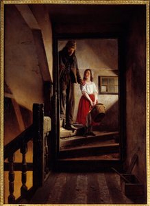 Le bâton de vieillesse Une petite fille aidant un vieil homme à descendre un escalier. Peinture par Jean Alphonse Roehn 1852 Rouen, Musée des Beaux-Arts