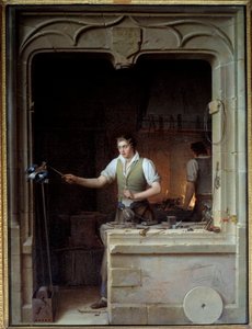 Un serrurier essayant de faire mordre sa lime à un geai. Illustration pour les fables de Jean de La Fontaine