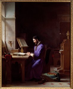 Johannes Gensfleisch Gutenberg (1400-1468) inventant la presse à imprimer. Le typographe allemand est représenté manipulant des caractères dans son atelier. Peinture de Jean Antoine Laurent (1763-1832) 1830. Grenoble, Musée des Beaux-Arts