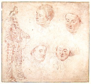 Un personnage et quatre têtes - Jean Antoine Watteau