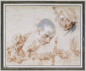 Enfant accroupi, deux têtes masculines, l