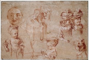 Masque de Pierrot, cinq filles en buste, un homme drapé et un visage de femme - Jean Antoine Watteau