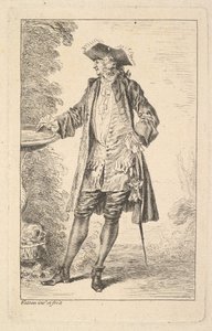 Homme debout avec sa main droite reposant sur un bassin, montré en vue de trois quarts..., vers 1710