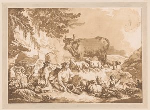 Satyres reposant entre des moutons et une vache dans un paysage