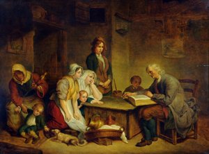 Un père lisant une Bible à sa famille