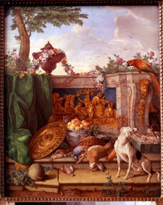 Plaque représentant les chasses de Louis XVI : détail représentant un chien gardant le gibier