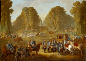 Plaque représentant les chasses de Louis XVI : la rencontre au carrefour du puits du Roi dans la forêt de Compiègne - Jean Baptiste (after) Oudry