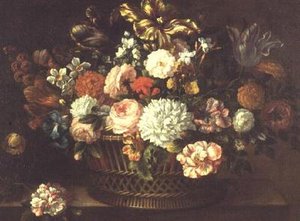 Pivoines, tulipes, narcisses et autres fleurs dans un panier