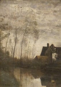 French: Scène de rivière avec maisons et peupliers A River Scene with Houses and Poplars - Jean-Baptiste-Camille Corot