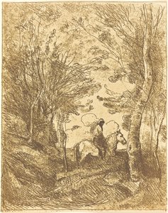 Cavalier dans les bois, grande plaque - Jean Baptiste Camille Corot