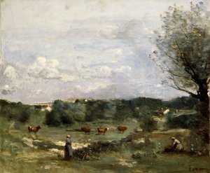 Prairie avec des vaches, un saule à droite et un village lointain - Jean Baptiste Camille Corot