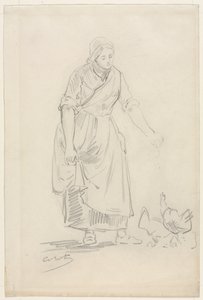 Paysanne nourrissant des poules