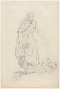 Jeune paysanne nourrissant des poulets, 1800s