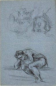 Figure assise avec la tête dans les mains et deux caricatures (recto) ; quatre figures dans une lunette (verso) - Jean Baptiste Carpeaux