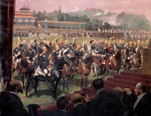 La distribution des drapeaux à Longchamp par le président Jules Grévy en présence de Léon Gambetta le 14 juillet - Jean Baptiste Edouard Detaille