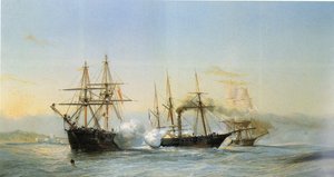 Bataille navale devant la côte marocaine entre deux bricks marocains et une corvette à roues française à l