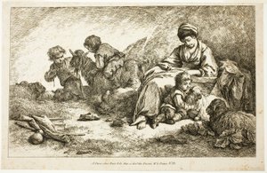Mère et enfants avec moutons