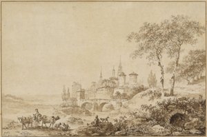Bergers dans un paysage devant une ville fortifiée - Jean Baptiste Le Prince