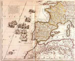 Carte des pays de la Méditerranée occidentale : France, Espagne, Portugal et Afrique du Nord (Maroc, Algérie, Tunisie), avec les Baléares, la Corse et la Sardaigne