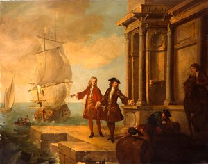 Europe - Marchands européens avec des débardeurs manipulant un tonneau et une balle sur un quai, 1724
