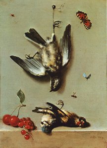 Nature morte avec trois oiseaux morts, des groseilles, des cerises et des insectes - Jean Baptiste Oudry