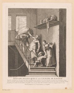 Ragotin avec deux dames sur un escalier