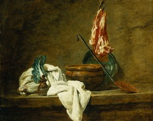 Betteraves, une boîte à épices, un torchon, un pot, une assiette en faïence, une écumoire, avec de la viande sur un crochet, sur un rebord, 1734