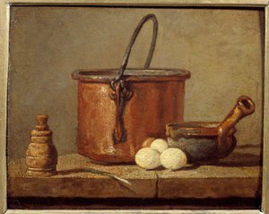 Ustensiles de cuisine, chaudron, poêlon et œufs. Peinture de Jean-Baptiste Siméon Chardin (1699-1779) 18ème siècle - Jean Baptiste Simeon Chardin