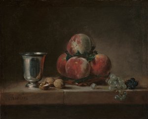 Nature morte avec pêches, un gobelet en argent, raisins et noix - Jean Baptiste Simeon Chardin