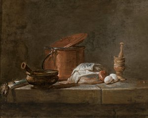 Poireaux, une casserole avec un linge, une marmite et un couvercle en cuivre, un oignon et des œufs avec un pilon et un mortier, sur un rebord en pierre. - Jean Baptiste Simeon Chardin
