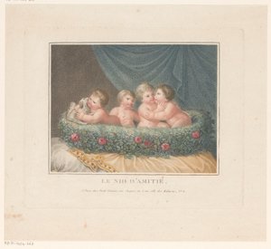 Quatre putti avec un chien dans un panier de roses sur un coussin