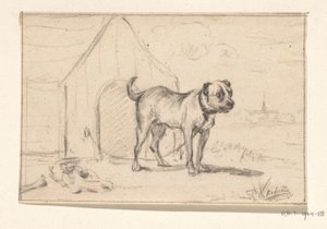 Chien en laisse, debout devant sa niche - Jean Bernard