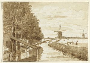 Paysage avec un canal et deux moulins