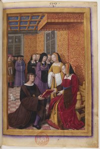 Miniature de dédicace du Voyage de Gênes : Jean Marot remet son ouvrage à Anne de Bretagne - Jean Bourdichon