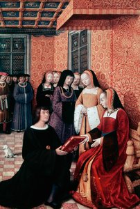 Le poète Jean Marot (1450-1526) remettant son œuvre Voyage à Gênes à Anne de Bretagne (1477-1514), vers 1508, miniature de Jean Bourdichon (1457-1521). France - Jean Bourdichon