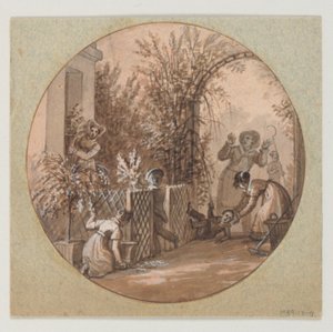 Conception pour une assiette en porcelaine peinte, scène de jardin du Service de la Culture des Fleurs