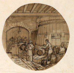 Conception pour une assiette en porcelaine, intérieur de brasserie pour le service des arts industriels de Sèvres