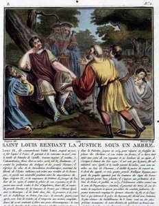 Saint Louis rend justice sous un arbre, gravé par Jean Baptiste Morret 1789 (gravure en couleur)