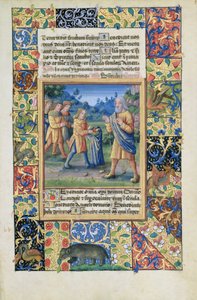 Ms Lat. Q.v.I.126 fol.21 Les frères de Joseph montrant à leur père la preuve que Joseph est mort, du Livre d