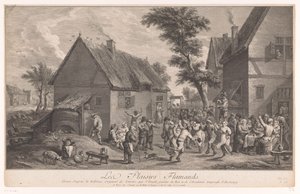 Personnes dansant devant une auberge