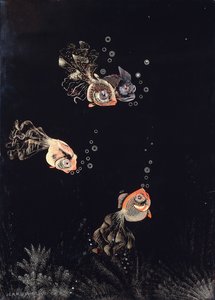 Un panneau laqué par Jean Dunand, représentant une scène sous-marine avec des poissons rouges et dorés soufflant des bulles d