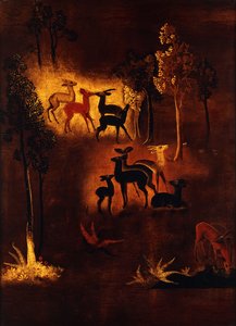 Un panneau décoré de cerfs dans un paysage boisé