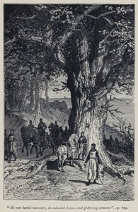 "Il vit des guerriers hostiles, en vêtements colorés et armures scintillantes" (gravure)