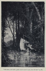 "Six cygnes, chacun avec un cercle doré autour du cou, tiraient le bateau" (gravure) - Jean Edouard Dargent