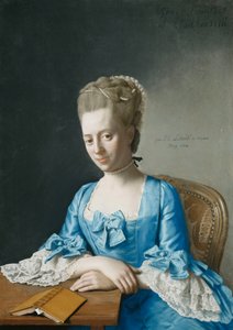 Portrait de Grace, comtesse de Clanbrassil, née Foley, mi-longueur, en robe bleue, assise à une table, les mains croisées, 1774